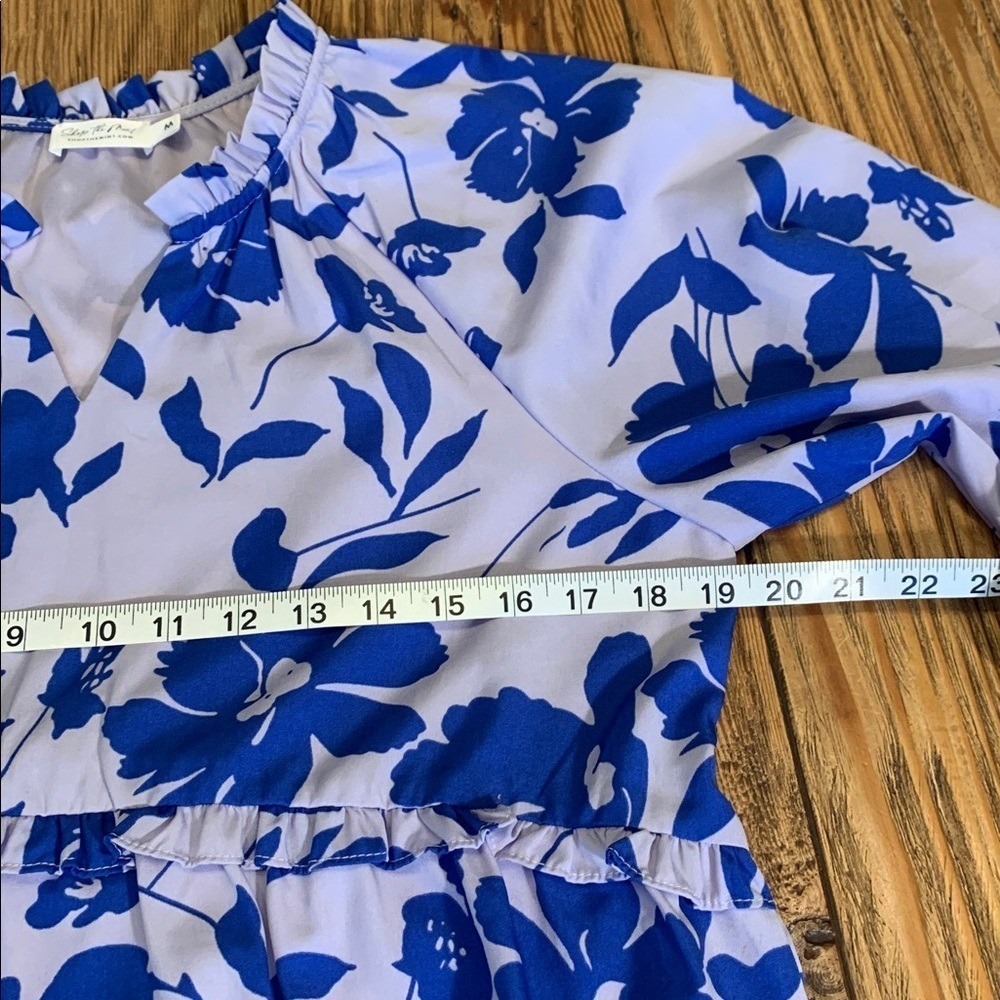 Shop the Mint Periwinkle Floral Tiered Dress EUC Medium Puff Sleeve Lined - Picture 8 of 13